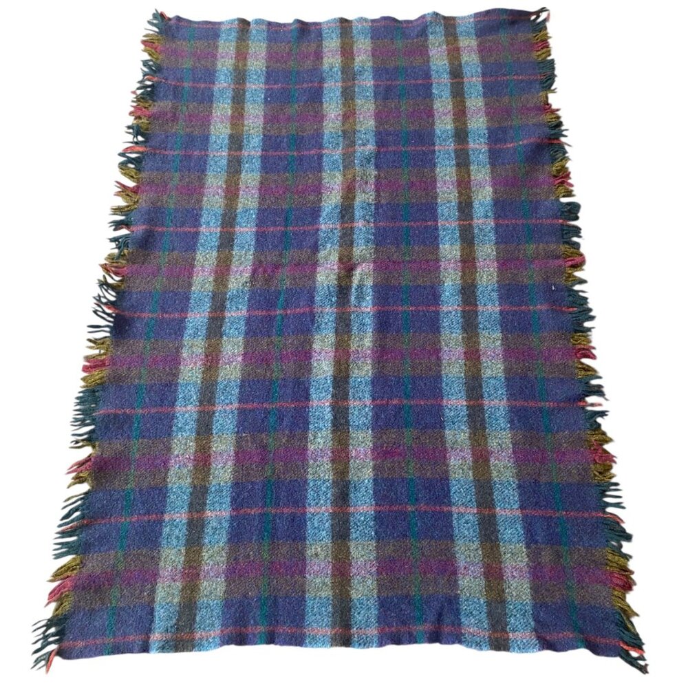Vtg Quill's‎ Wollen Market Irish Wool Tartan Blanket Multicolor Fringed Throw